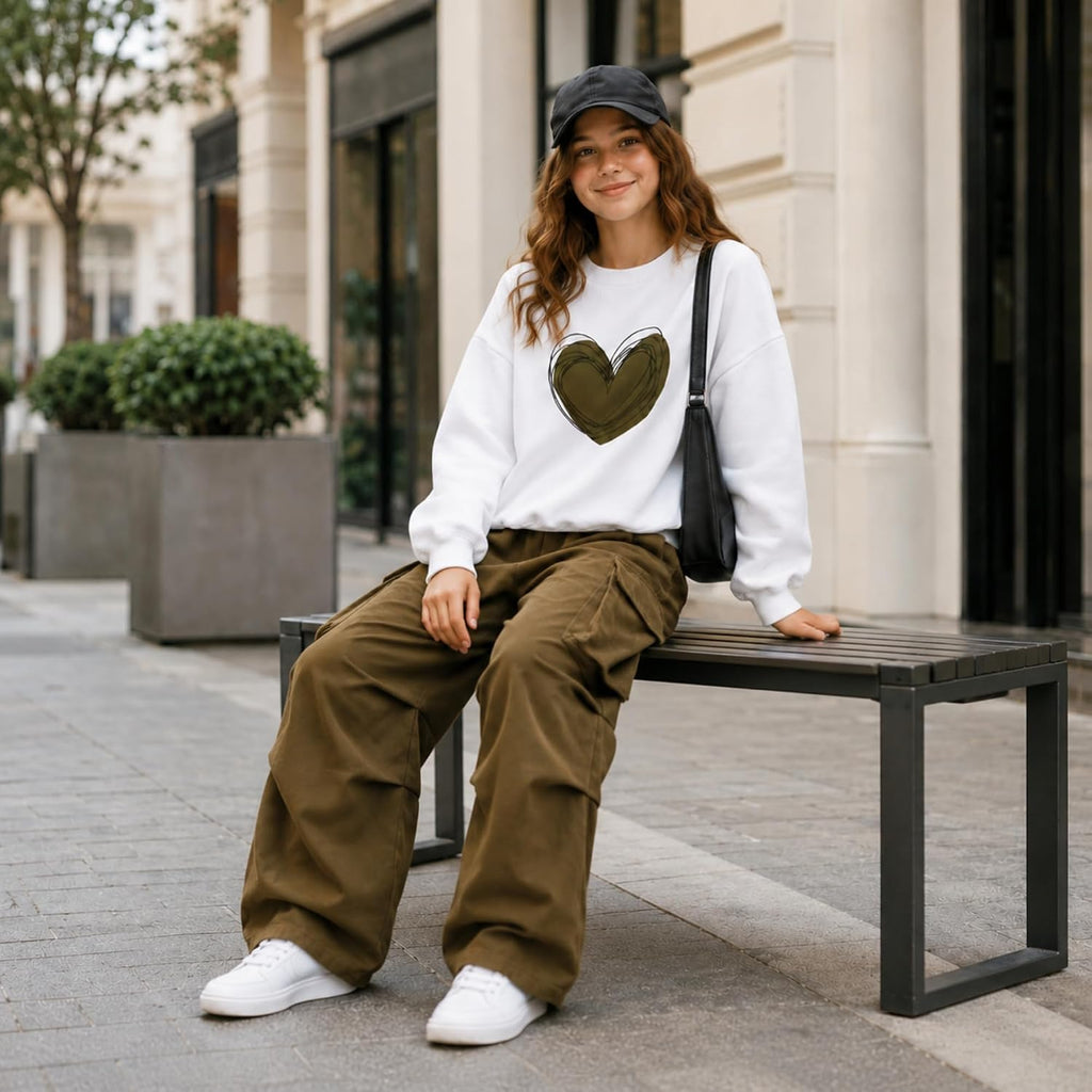 Girls 2 Piece Outfits Heart Print Sweatshirt and Cargo Pants Set, Casual Tracksuit School Daily Wear