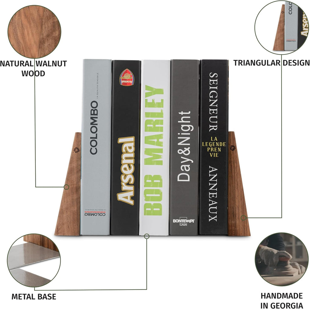 Book Ends for Shelves - Handmade Wooden Bookends with Metal Base, Walnut Tree - Sturdy Book Holders for Heavy Books