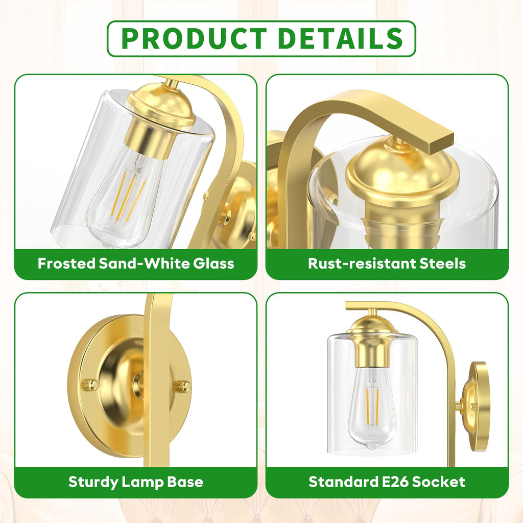 2-Pack Wall Sconces Lights Lamp Bathroom, Modern Vanity Light Fixtures, Gold Farmhouse Wall Mount Lighting Lanterns