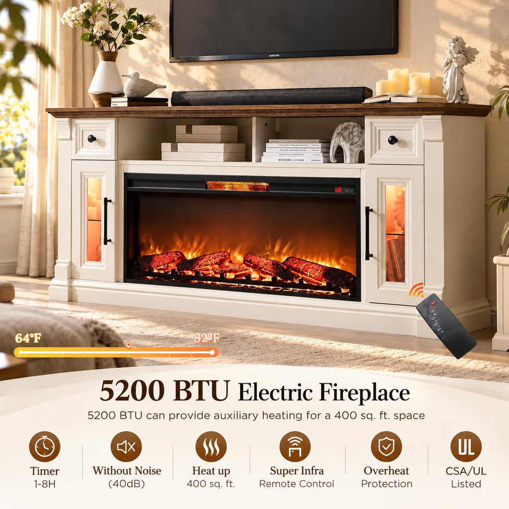 Farmhouse Fireplace TV Stand for 80" TV, Antique White