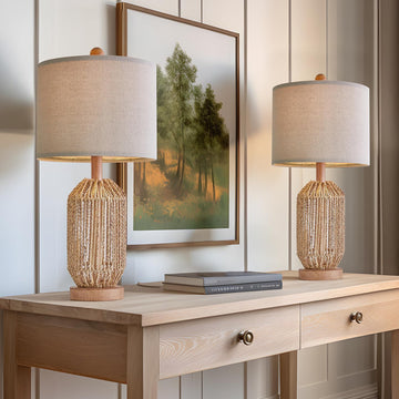 21" Boho Table Lamps Set of 2, Bedside Lamps for Nightstand, Rattan Lamp, Farmhouse Table Lamps for Boho Decor, End