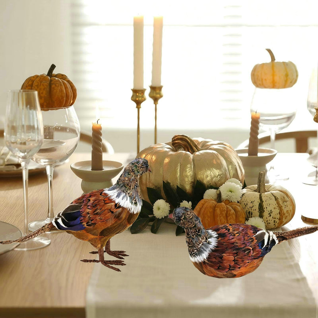 Feathered Pheasant Decor Set of 2 for Autumn Fall Thanksgiving