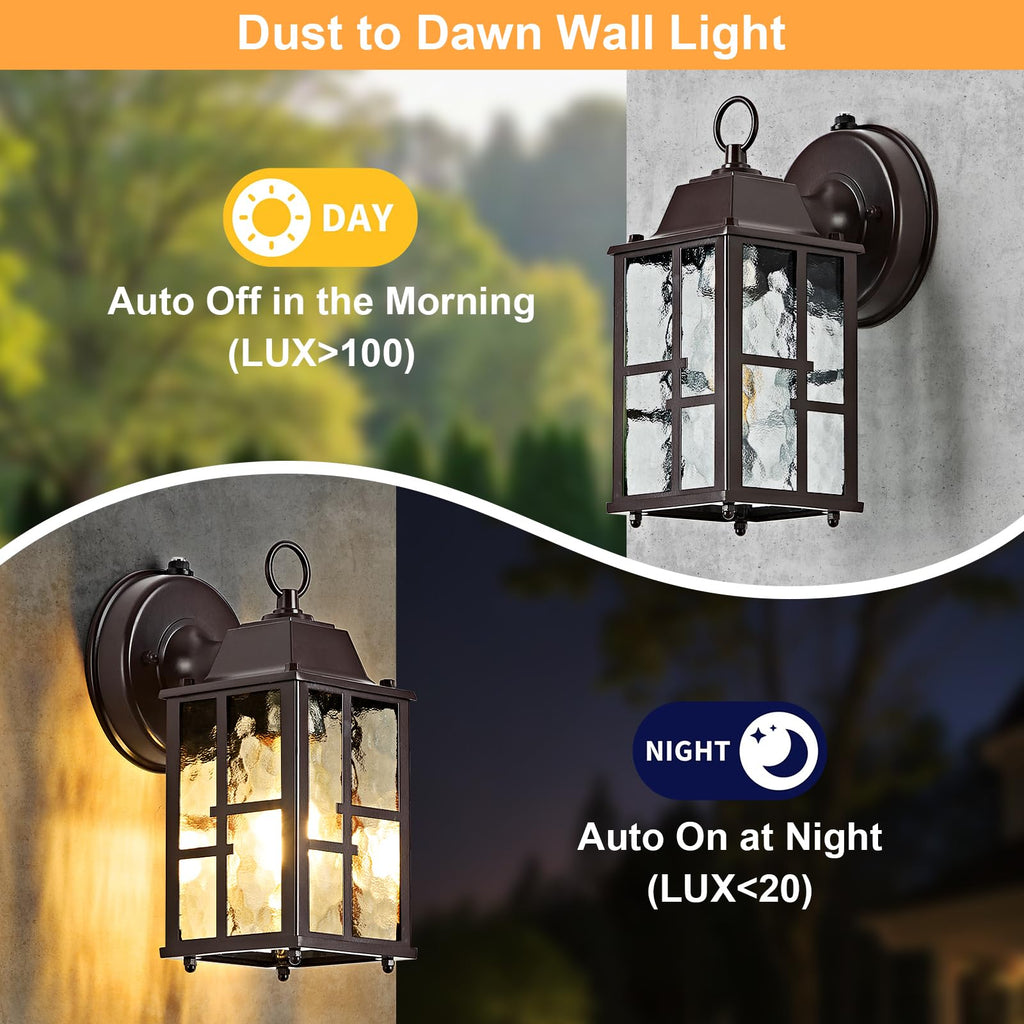 2-Pack Dusk to Dawn Outdoor Wall Lights, Weatherproof Exterior Lighting Fixture Wall Mount, Aluminum Ripple Glass