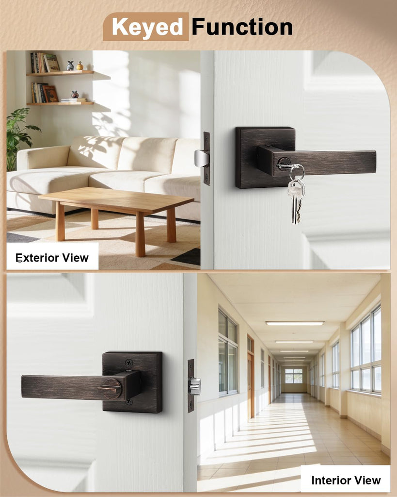 Heavy Duty Square Keyed Door Lever with Lock and Key, Oil Rubbed Bronze Entrance Door Handle for Exterior or Interior