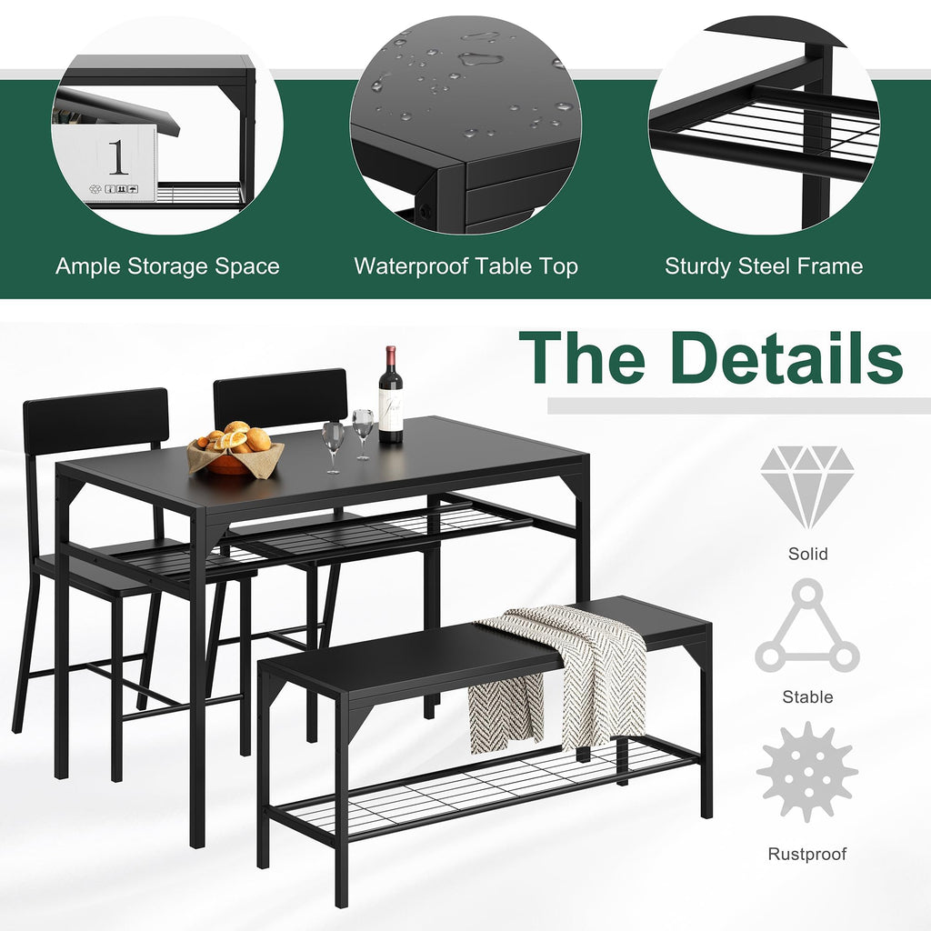 Dining Table Set for 4 with Bench and Chairs, Black
