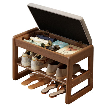 Shoe Bench with Storage, Wooden 2 Tiers with Flip-Top, Walnut, 23.6"