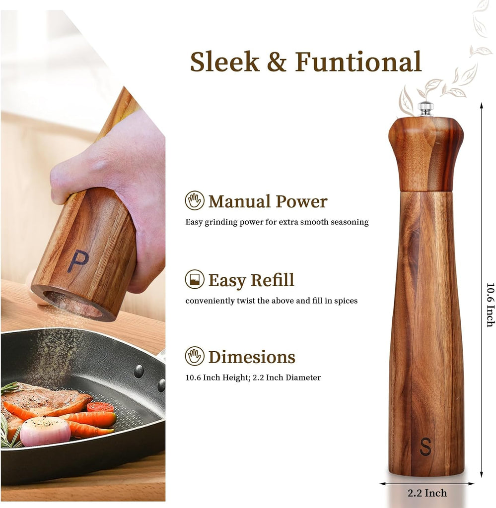 Inch Acacia Wooden Salt and Pepper Grinder Set Manual - Set of 2