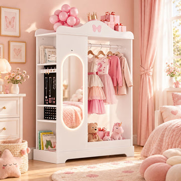 Kids Dress Up Storage with Lighted Mirror, Open Hanging Armoire, White