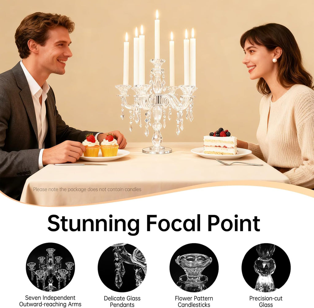 Crystal Candle Holders, 7-Arm 14 Inch Crystal Taper Candlestick Candelabra, Candle Holder Centerpiece