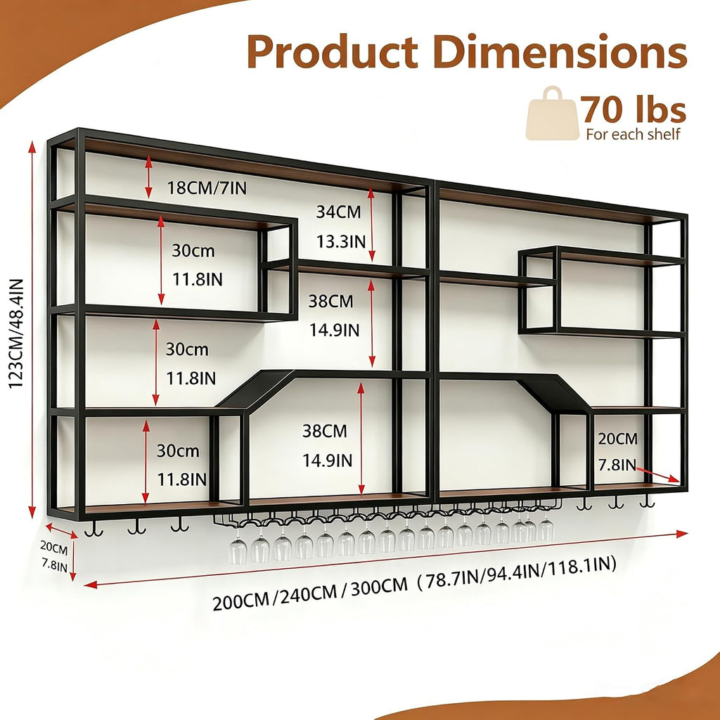 78.7IN Wall Wine Rack with LED, Industrial Iron & Walnut | Iron & walnut wood, LED strip light incl, holds