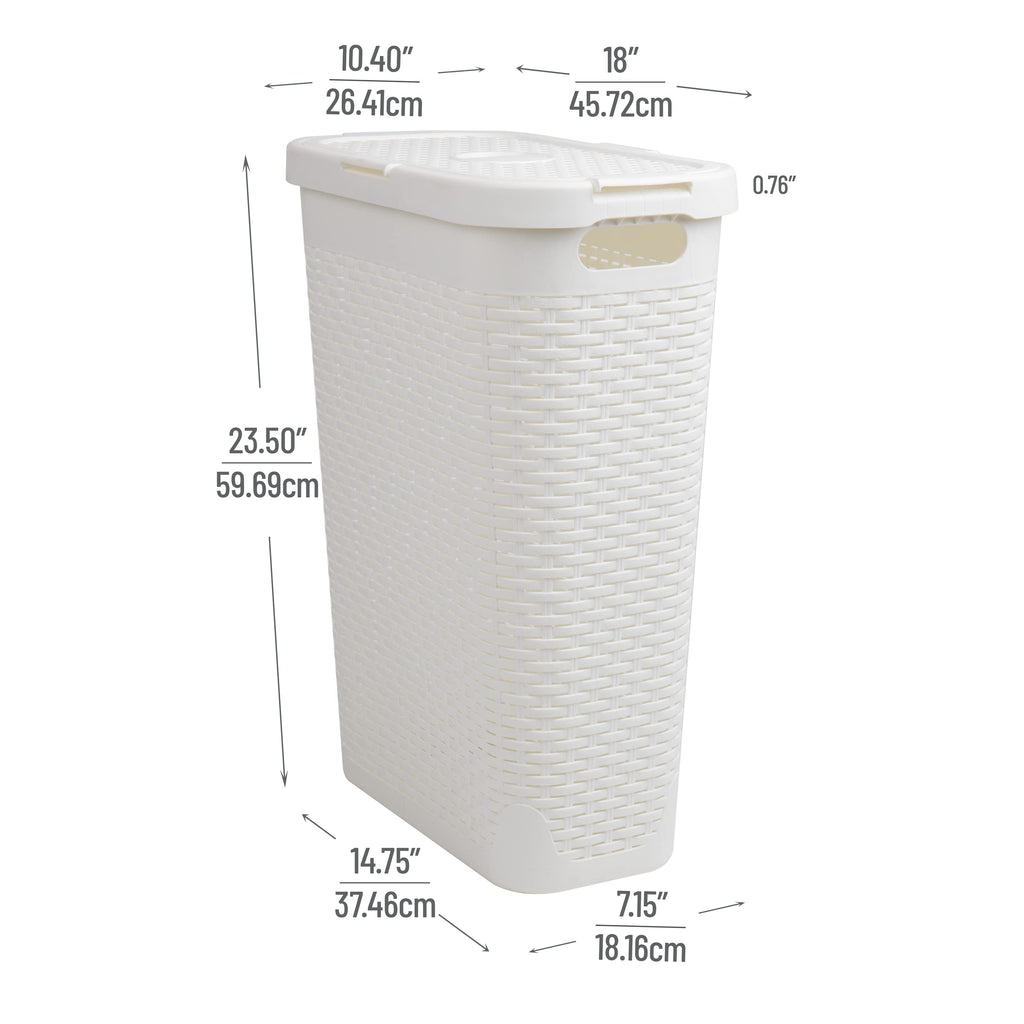 Slim Laundry Hamper with Lid, 40L Clothes Basket, Narrow Tapered Design with Ventilated Cutout Pattern, Plastic, White