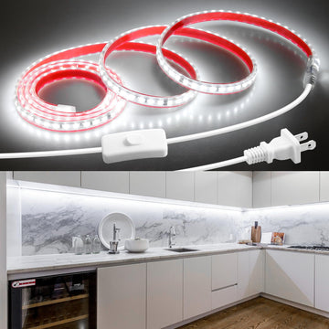 AC 120V LED Strip Light 72in Under Cabinet Cold White Self-Adhsive Under Counter Lighting Strips Plug in with Switch