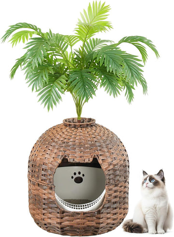 Rattan Plant Litter Box, Large Cat Litter Box Enclosure with Litter Box & Scoop, Odor Control Filter, Handwoven