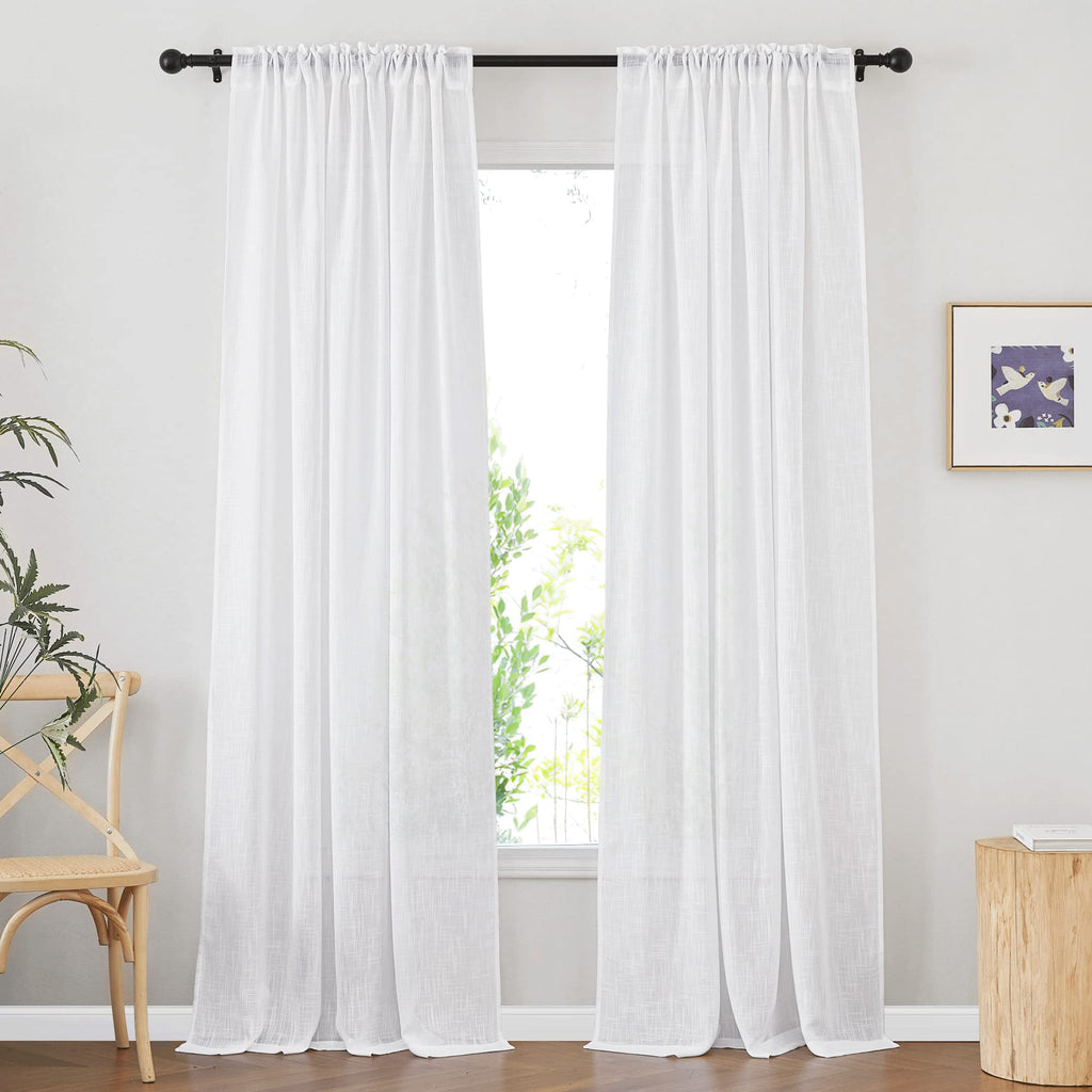 White Sheer Linen Curtains, Rod Pocket & Back Tab Sweep to Floor Window Treatments Semi Sheer Drapes Privacy
