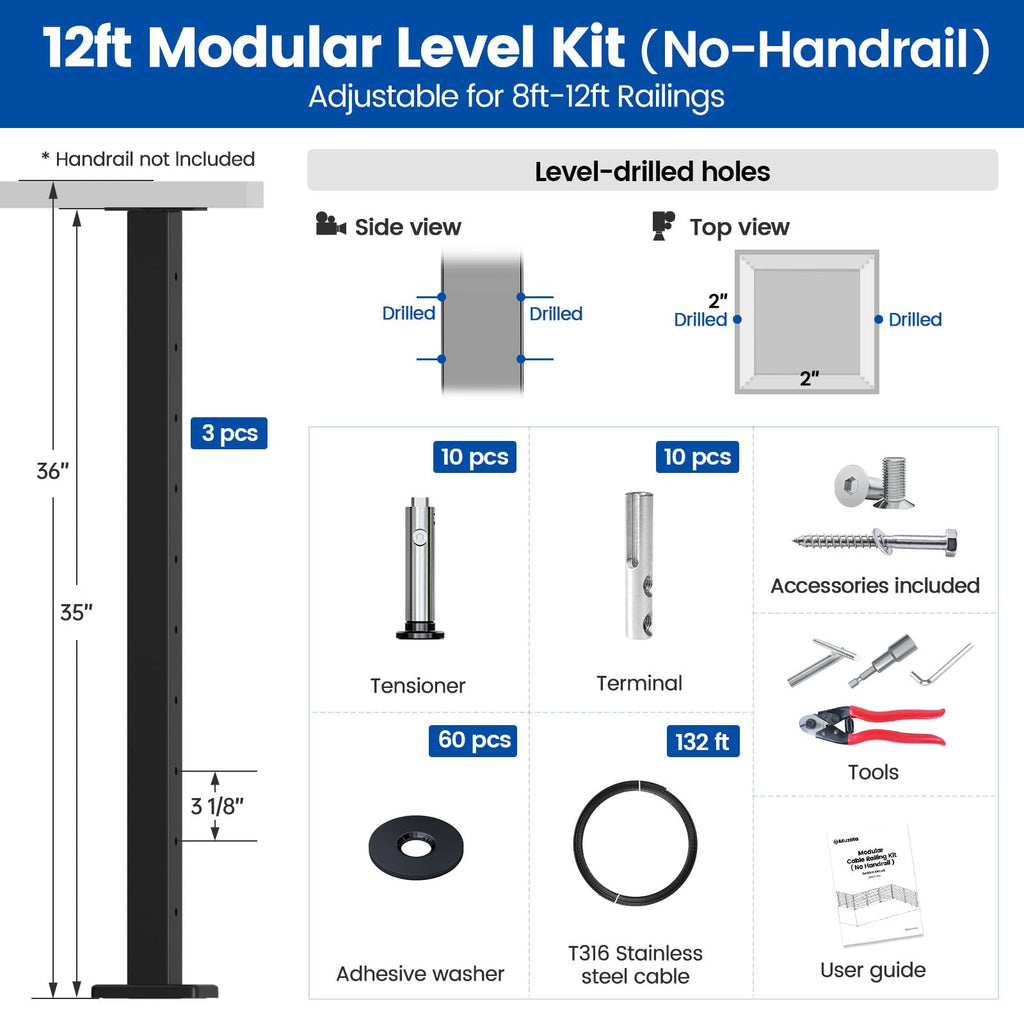 8-12ft Modular Cable Railing Kit for Deck Surface Mount 36in RW17