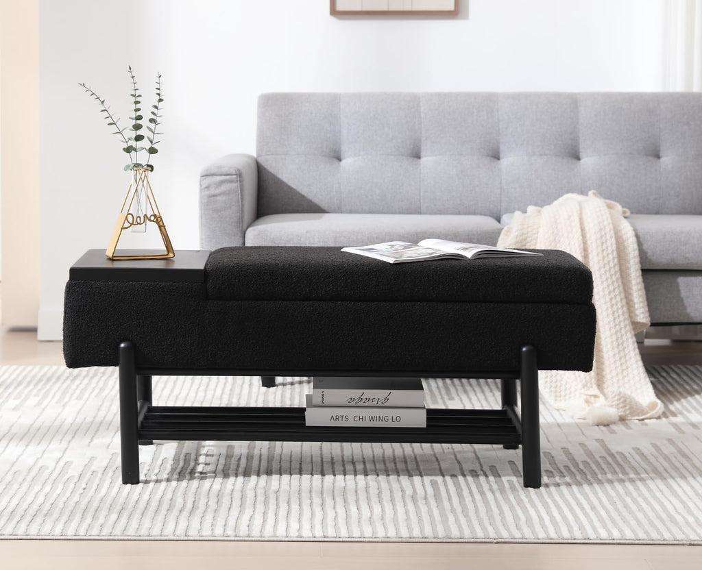 Modern Storage Bench End of Bed Sherpa Ottoman Bench with Storage Upholstered Entryway Bench with Wood Shoe Rack