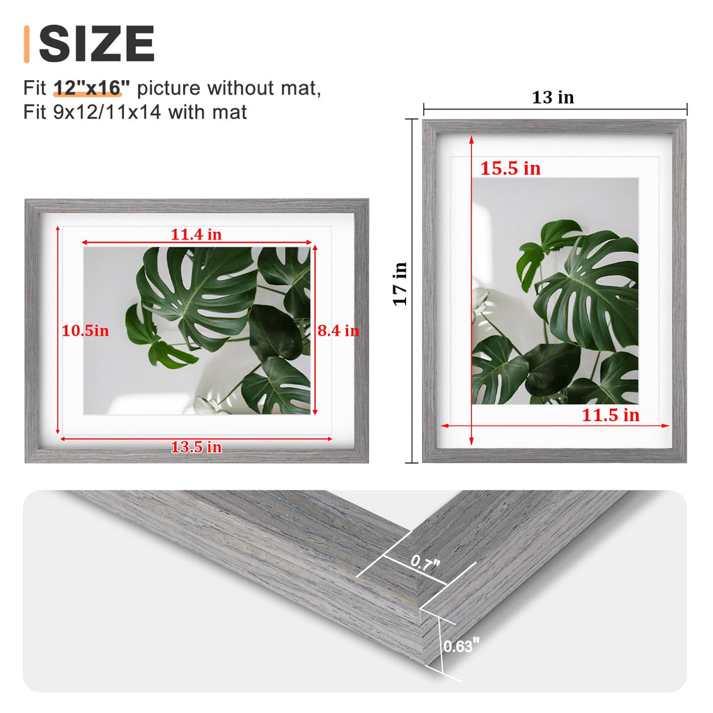 12x16 Picture Frame Made of Solid Wood with Plexiglass, Display Pictures 9x12/11x14 with Mat or 12x16 Without Mat for