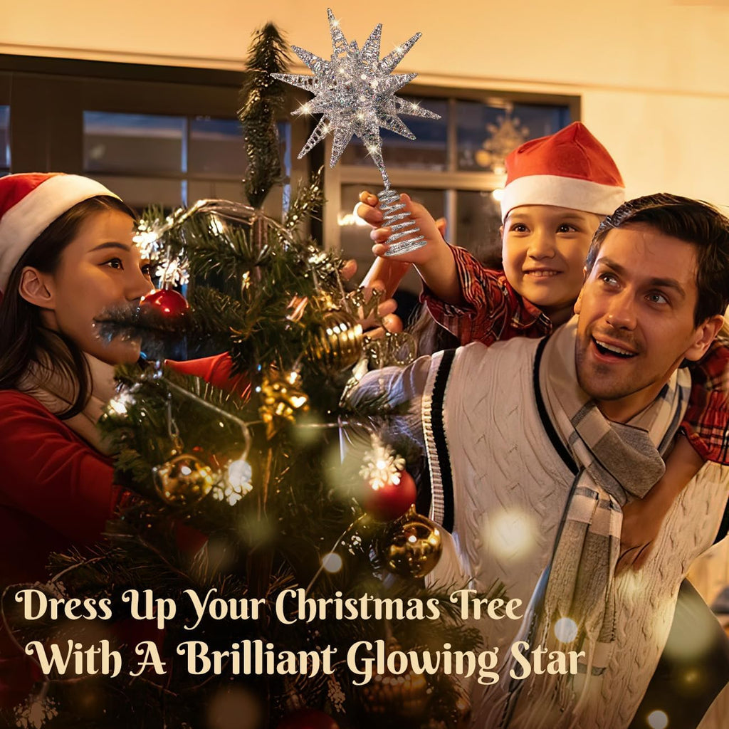 Christmas Tree Topper, 3D Starburst Lighted Tree Topper, Plug in Christmas Star with Timer, Light Up Xmas