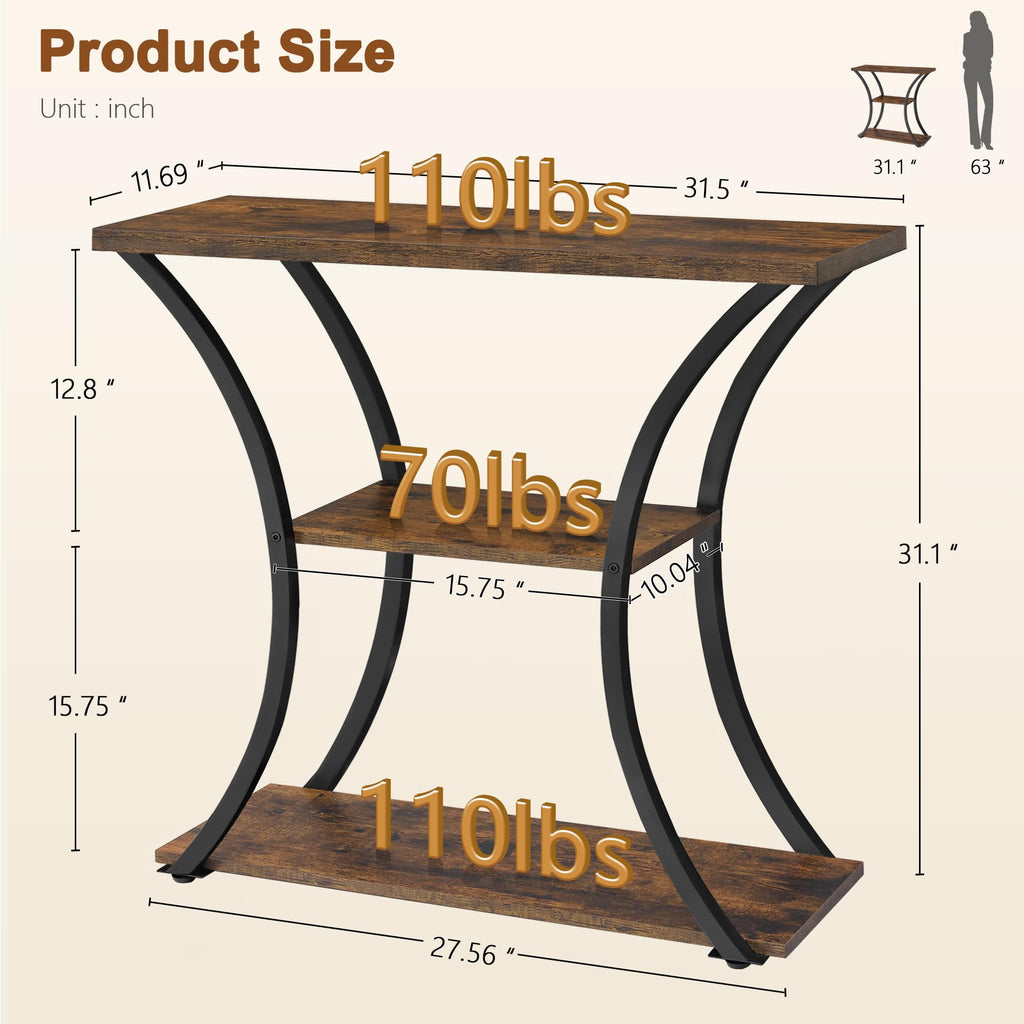 3 Tier Console Table with Open Wood Shelves, Decorative Entryway Table with Curved Metal Frames, Narrow Sofa Table