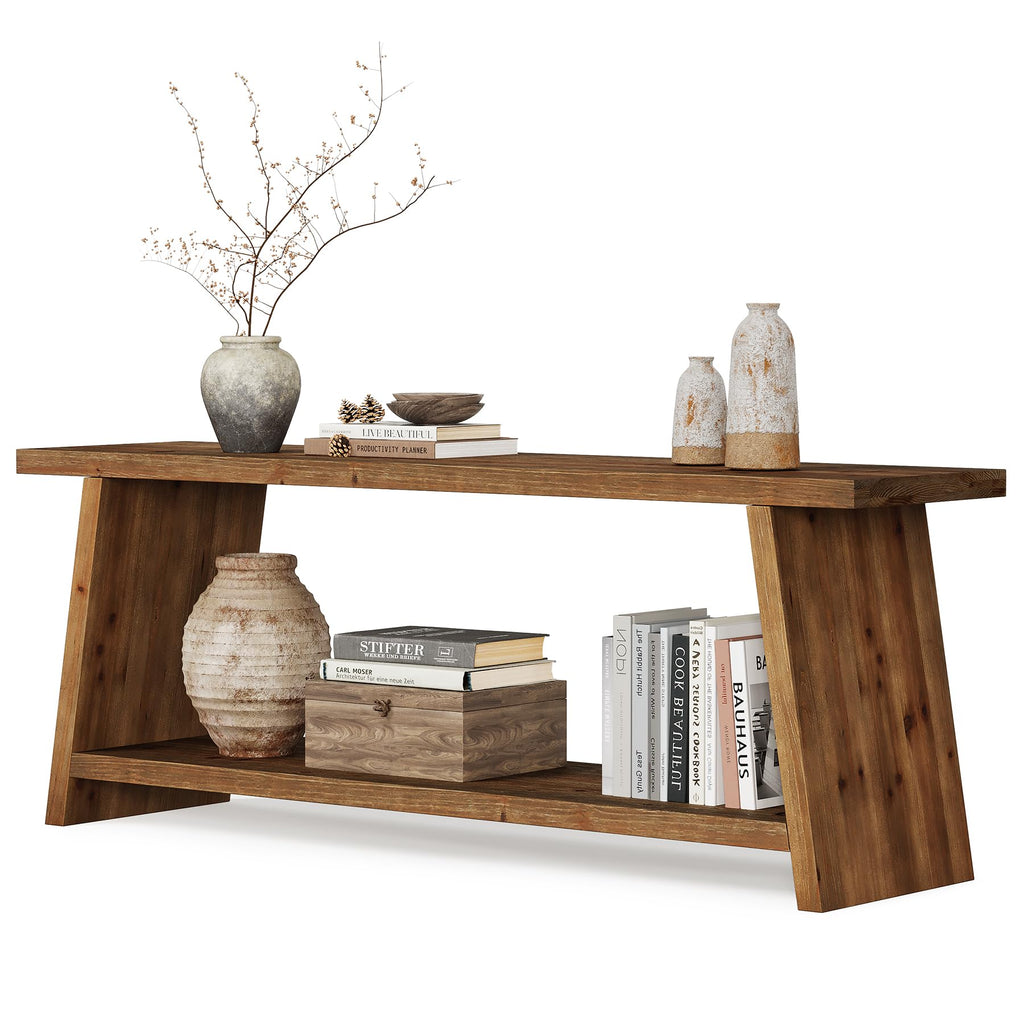 Solid Wood TV Stand, Farmhouse Media Console for 55/60/65 inch TV, 2-Tier Mid-Century Modern TV Stand with Storage