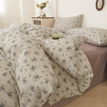 Vintage Gray Ditsy Floral Duvet Cover Set, Cream Off-White Double Layer Gauze Cotton Bedding Set, Soft Breathable