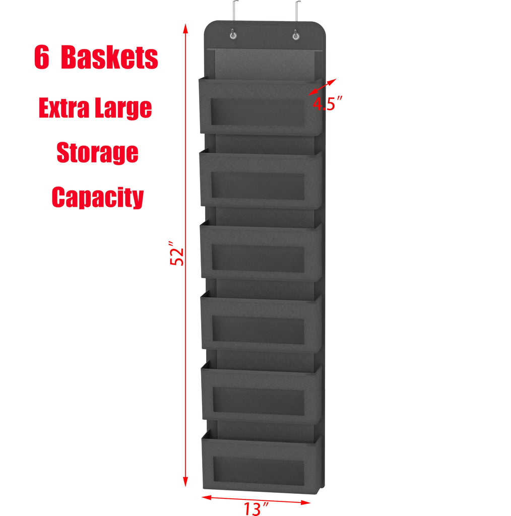 6 Clear Pocket Over Door Hanging Organizer, Dark Gray