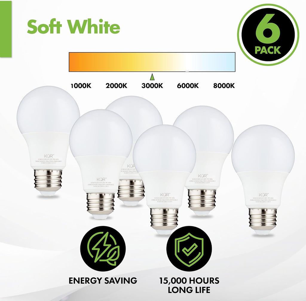 A19 LED Light Bulbs, 60W Equivalent, 3000K Soft White, 6 Pack, E26 Base