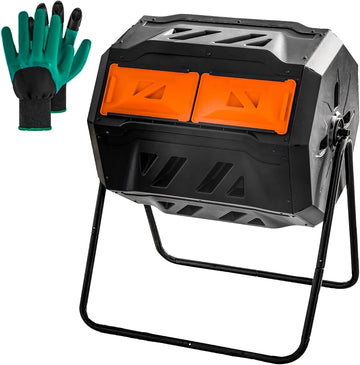 Compost Bin Outdoor, 43 Gallon Dual Chamber Tumbling Composting Bin with Sliding Doors, Tumbler Rotating Batch