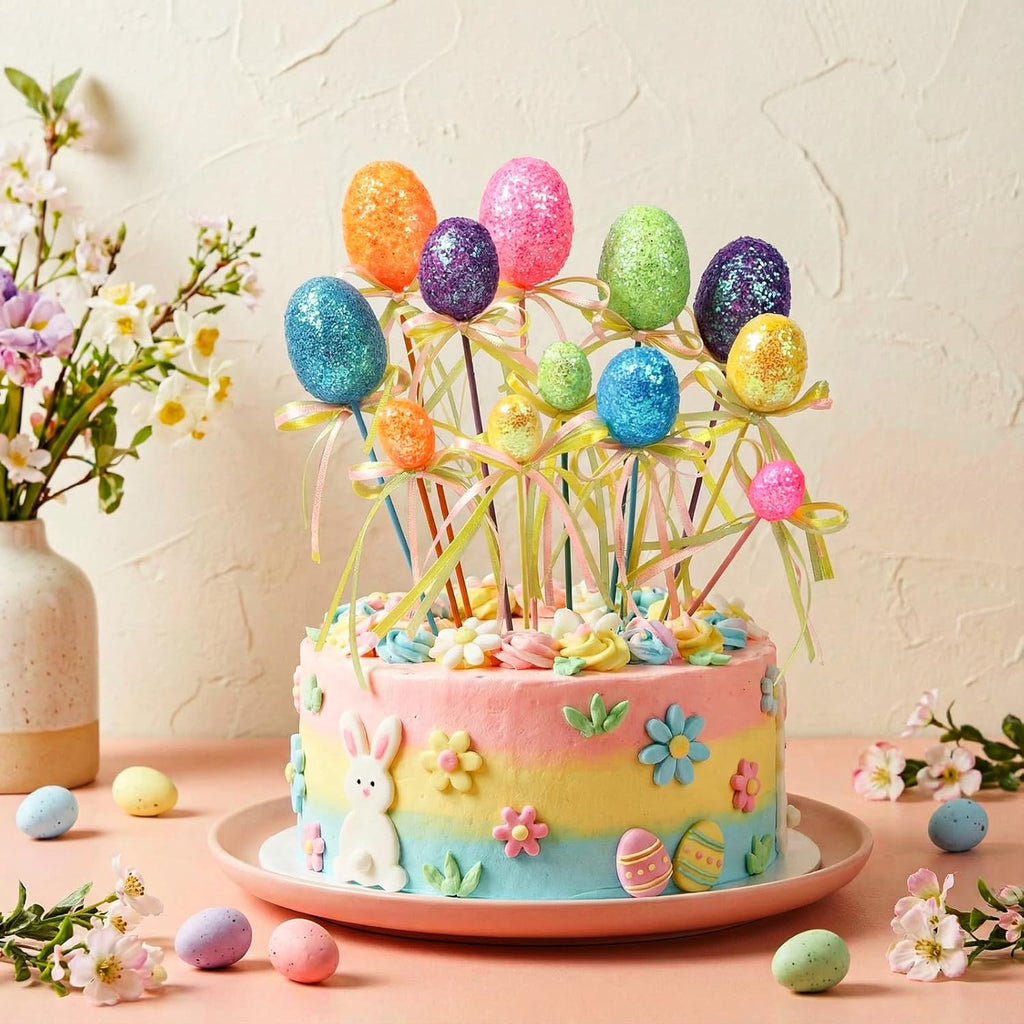 Easter Egg Picks Glitter Foam Easter Cupcake Picks Spring Colorful Floral Egg Stems for Tree Topper Decor - Set of 24
