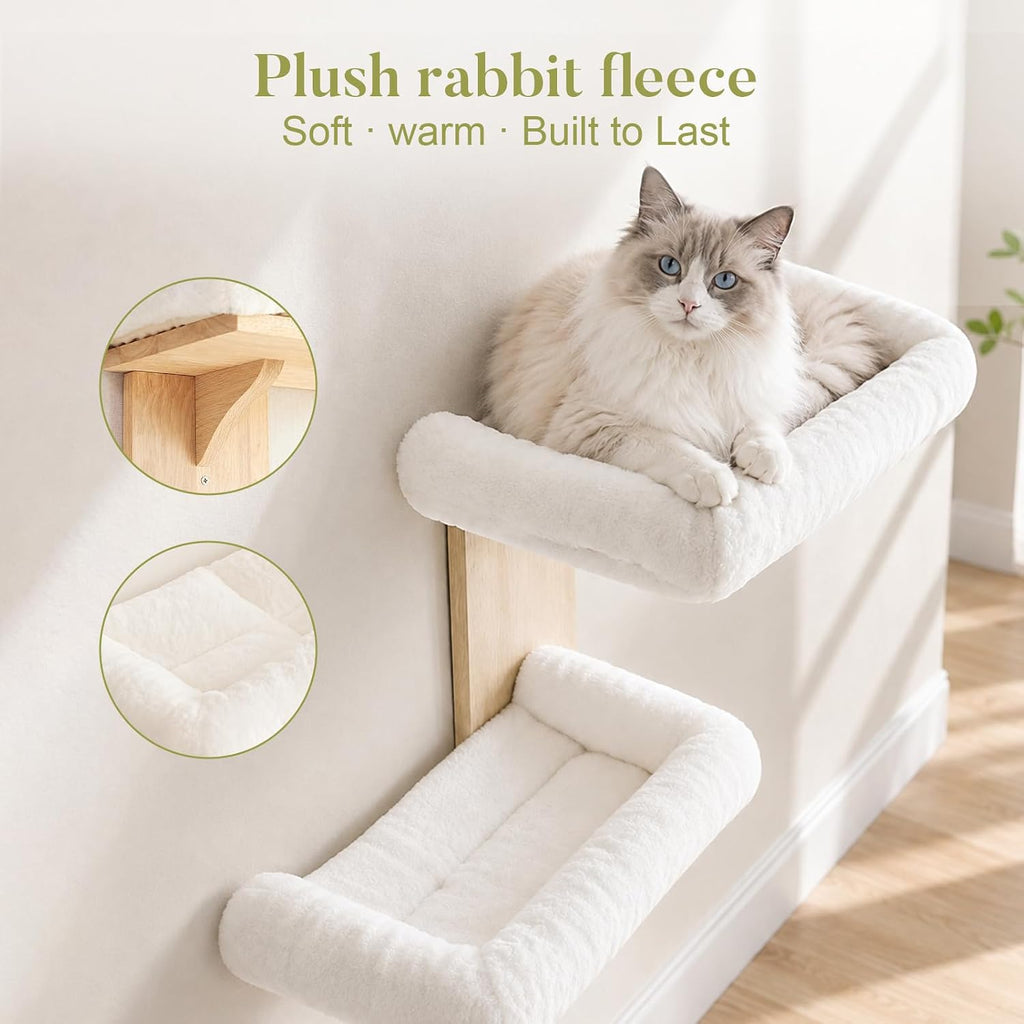 2-Tier Cat Wall Shelves with Bolstered Bed, Solid Wood Wall Mounted Cat Steps and Perch for Single Stud Drywall