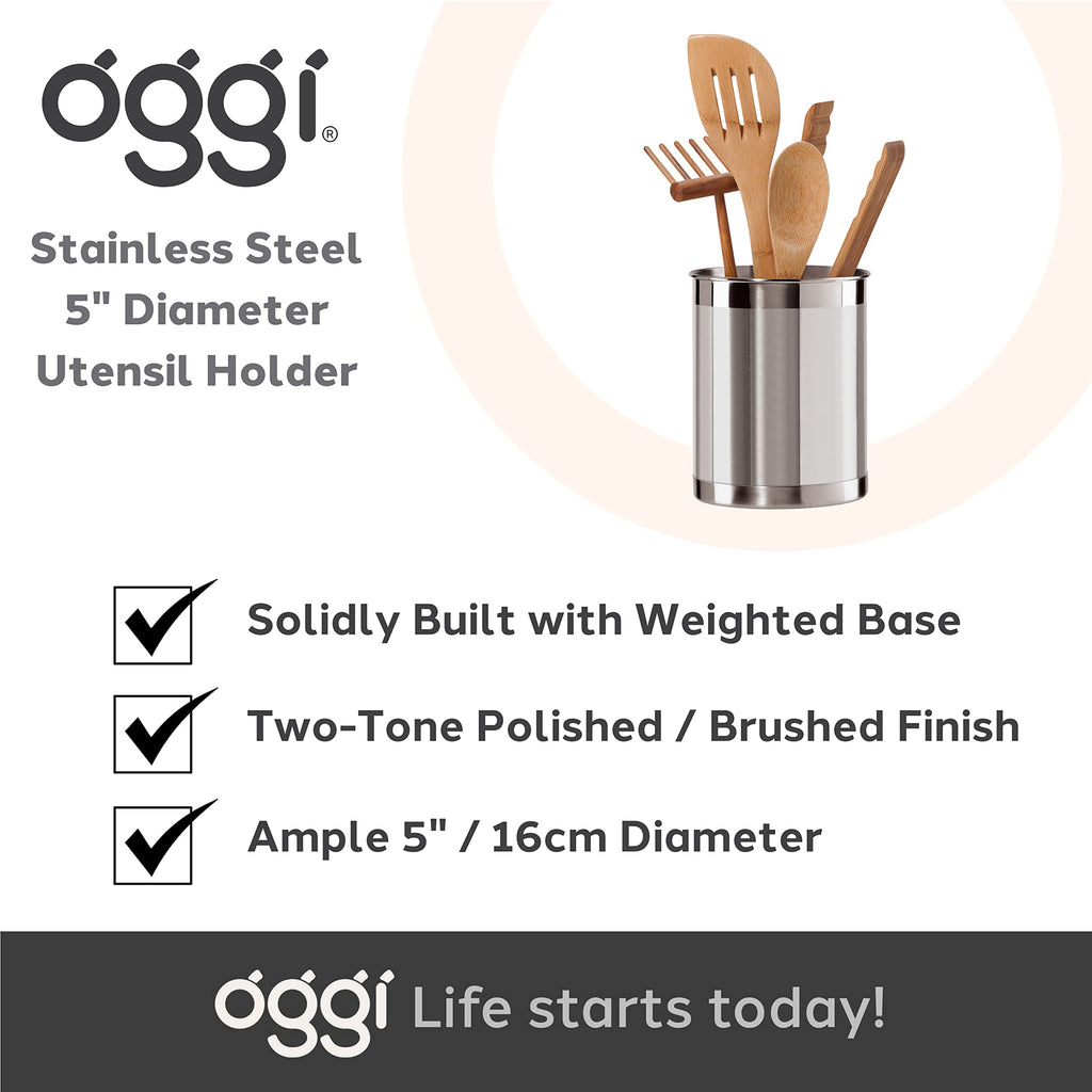 Stainless Steel Utensil Holder - 5" Diameter, Utensil Caddy, Weighted Base for Stability - Larger-Sized Utensil Crock