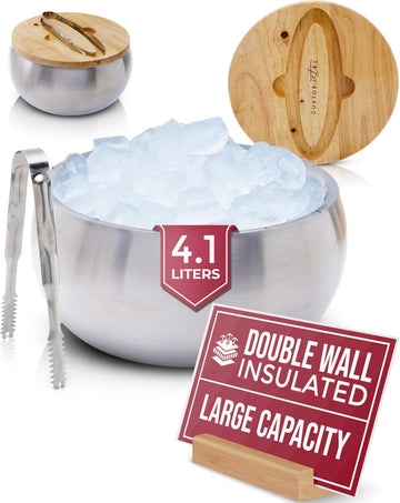 4.1L Insulated Ice Bucket with Lid and Tongs, Double Wall Stainless Steel Ice Bucket Large, BPA Free Ice Bucket