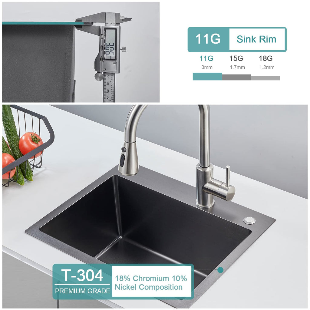 Drop in - 22"×18" Single Bowl Topmount Sink, Black