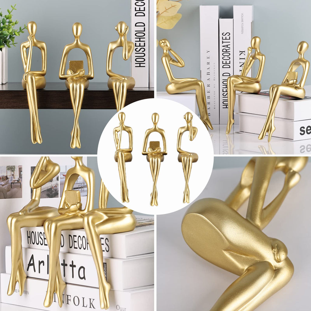 Resin Reading Sculpture Gold Decor Sitting Thinker Statue Abstract Sculptures, Bookshelf Decor Accents Resin Gold