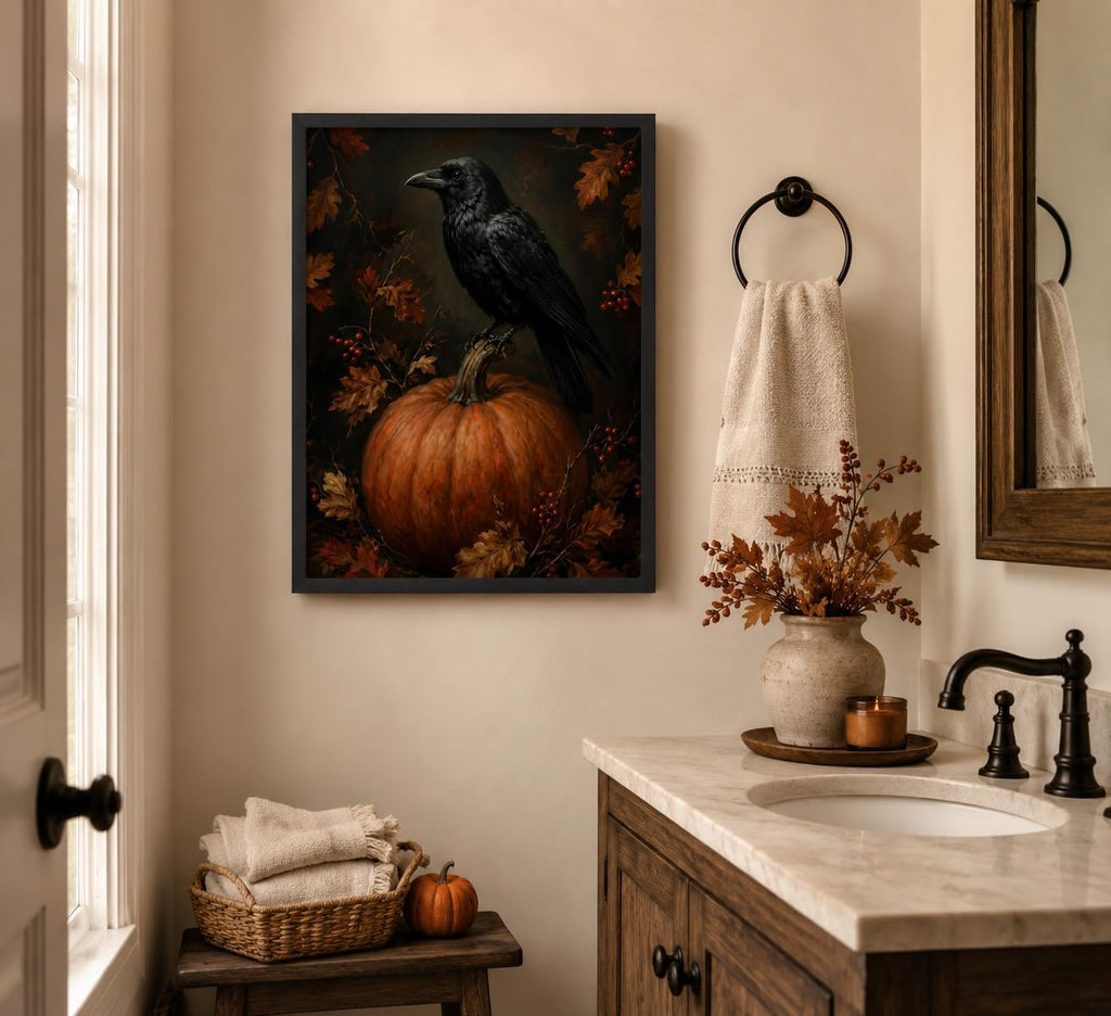 Framed Gothic Raven on Pumpkin Canvas Wall Art,Vintage Autumn Crow Painting,Dark Academia Print,Spooky Fall Wall