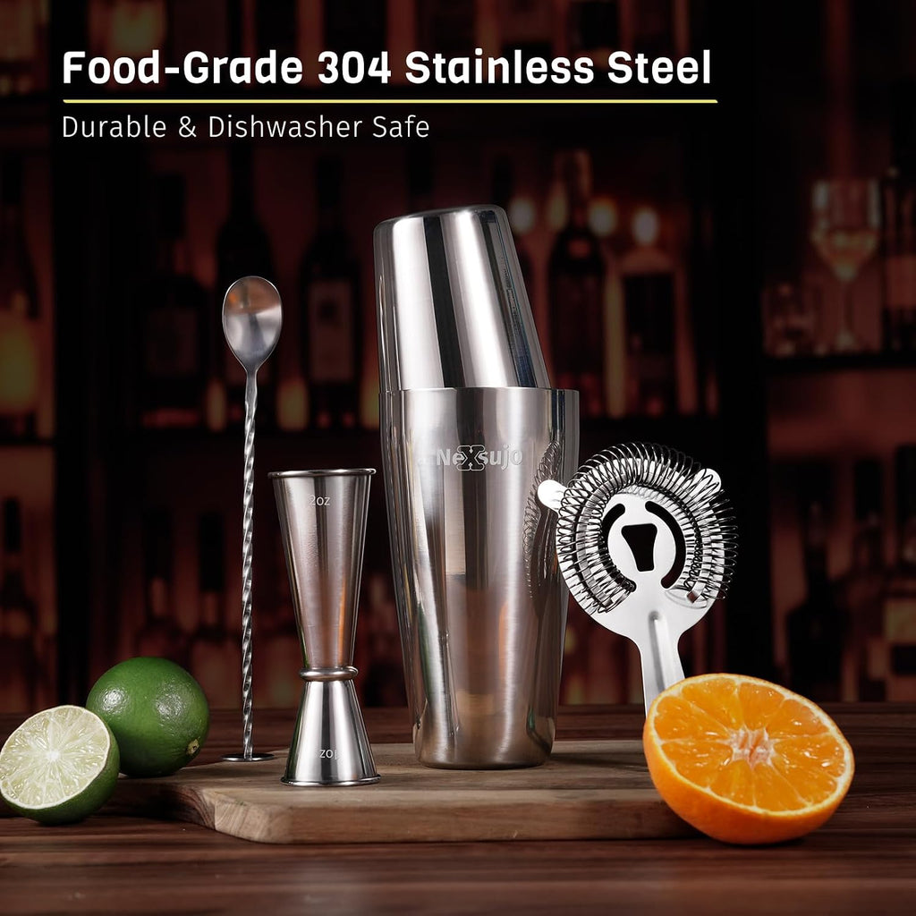 Boston Cocktail Shaker Set, 4-Piece Bar Tools Set, Professional Bar Set with Boston Shaker, Bar Spoon, Jigger - Set of 4