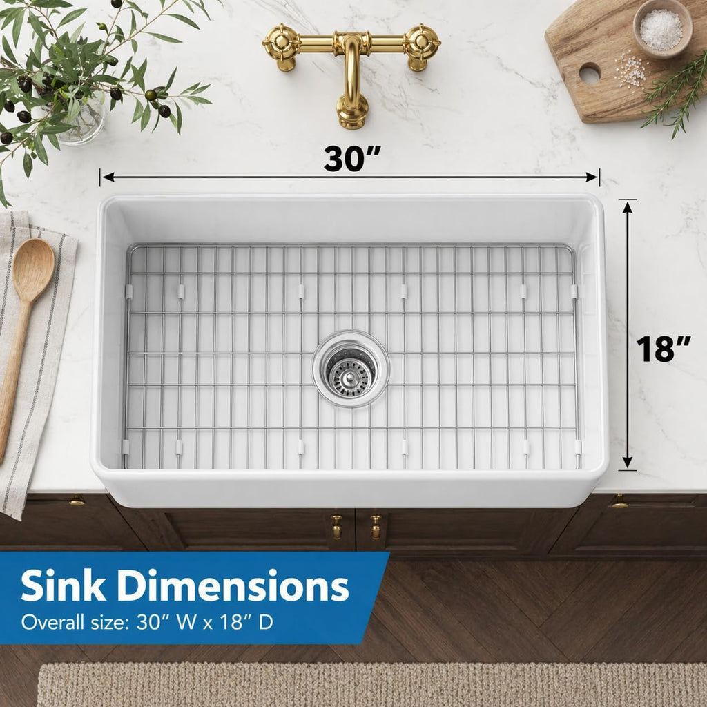 36 x 18 Inch Farmhouse Kitchen Sink, White Fireclay Apron Front Single Bowl Sink, Large Deep Kitchen Sink with 304