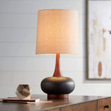 Andi Mid Century Modern Table Lamp 24.5" High Hammered Bronze Ceramic Wood Off White Tall Drum Shade