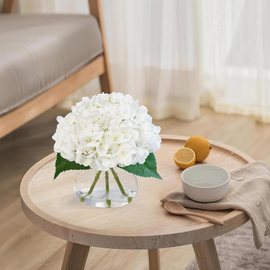 Hydrangea Artificial Flowers in Glass Vase, White Silk Fake Flowers Silk Centerpiece Table Decorations, Coffee Table