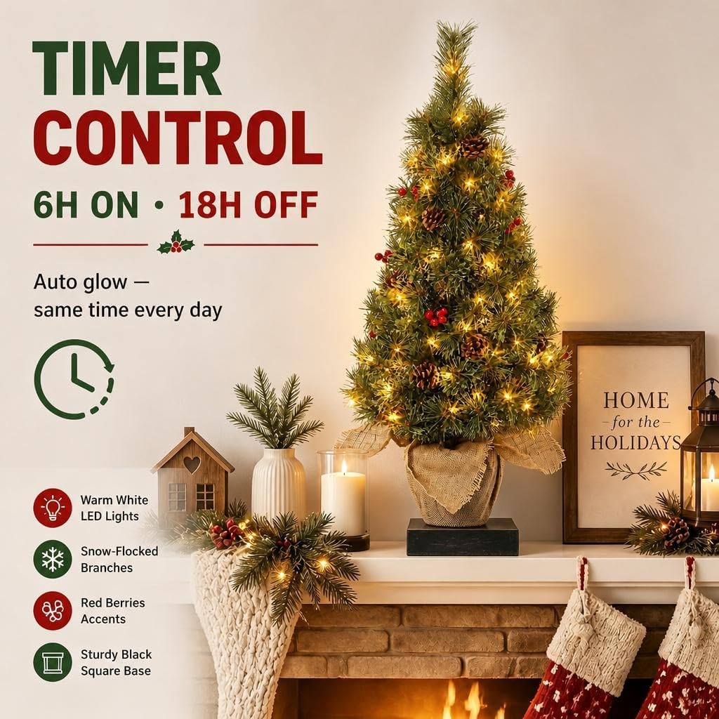 3FT Prelit Artificial Christmas Tree with 78 Lights & Burlap Base, 1 pcs