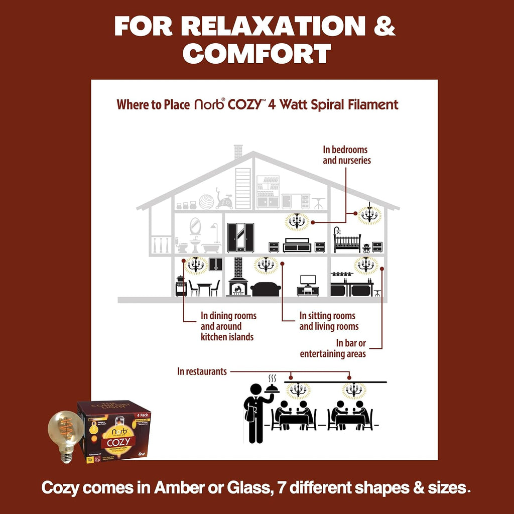 NorbCOZY G25 LED Bulb - Amber Glass 4W Spiral Filament Globe, 2700K Candlelight Glow, E26, Energy-Efficient Wellness