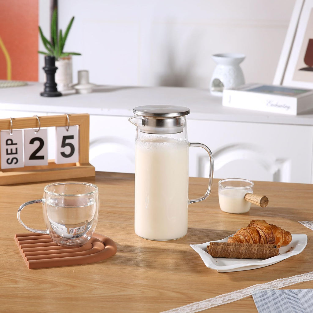 Glass Pitcher With Lid and Spout - Iced Tea and Beverage Pitcher for Fridge, Small Water Jug 1000ml/34oz