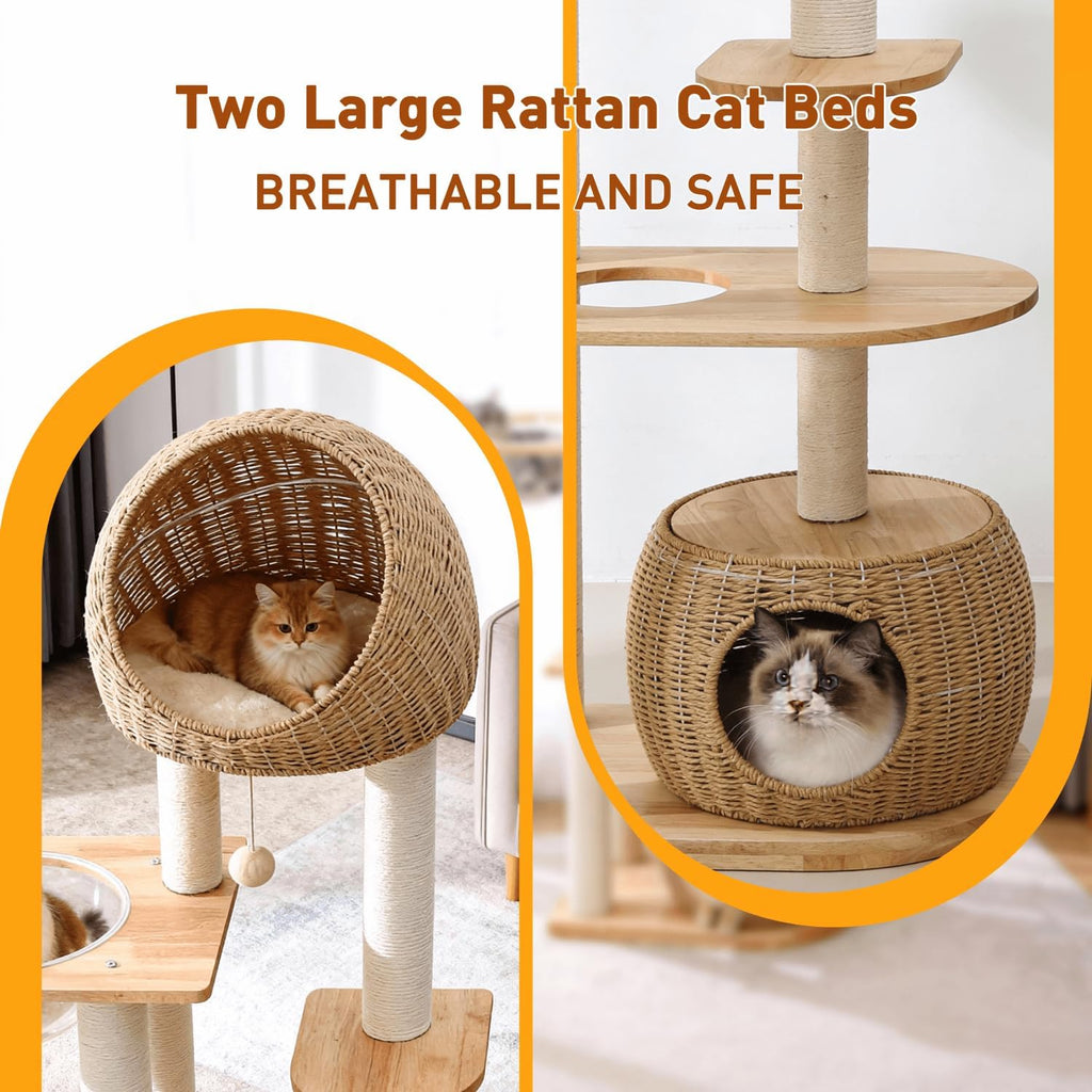 Wood Cat Tree for Indoor Cats, 59in Tall Cat Tower