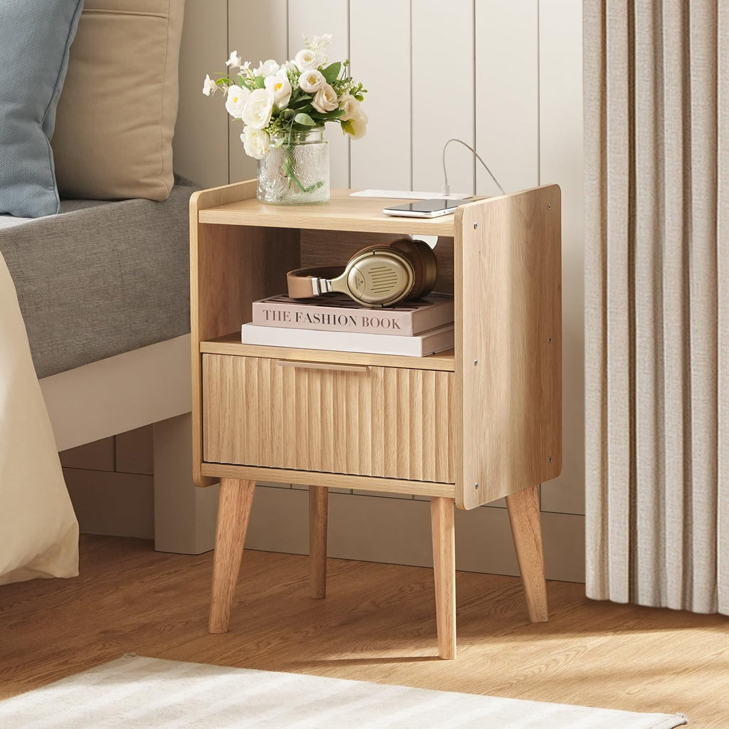 Natural Nightstand with Charging Station, Modern Fluted End Table