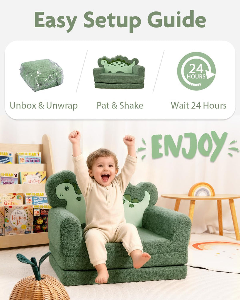 Kids Couch, in-1 Fold Out Comfy Chair, Large, Green Dinosaur