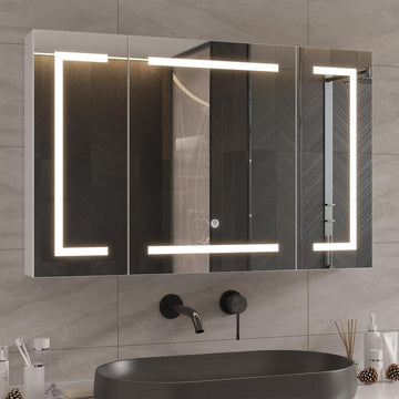 Medicine Cabinet with Mirror and LED Light, Wall Mounted Bathroom Mirror with Storage, 3 Doors Bathroom Wall Cabinet