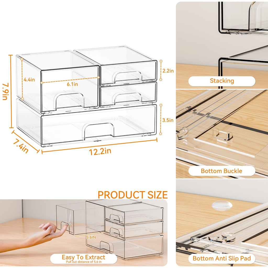 4 Pack Clear Stackable Storage Drawers,Pull-Out Medicine Cabinet Organizer and Containers,Large Acrylic Organizers