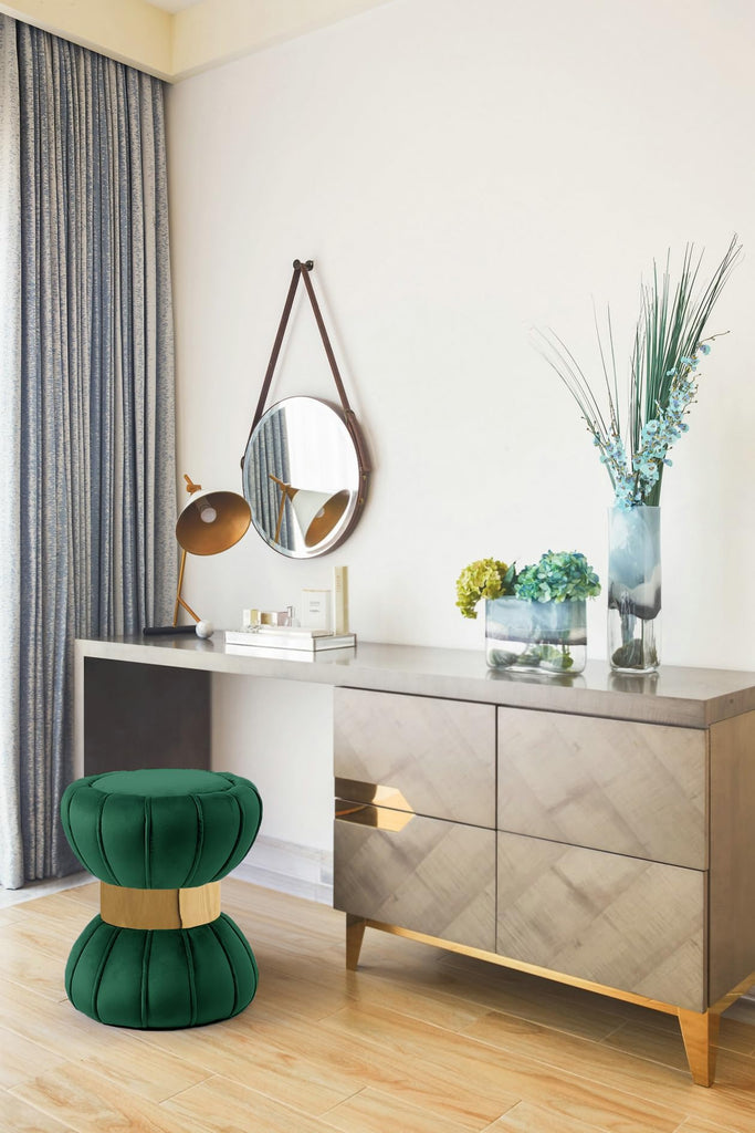 Vino Collection Modern | Contemporary Velvet Upholstered Hourglass Shaped Ottoman/Stool with Gold Finished Stainless