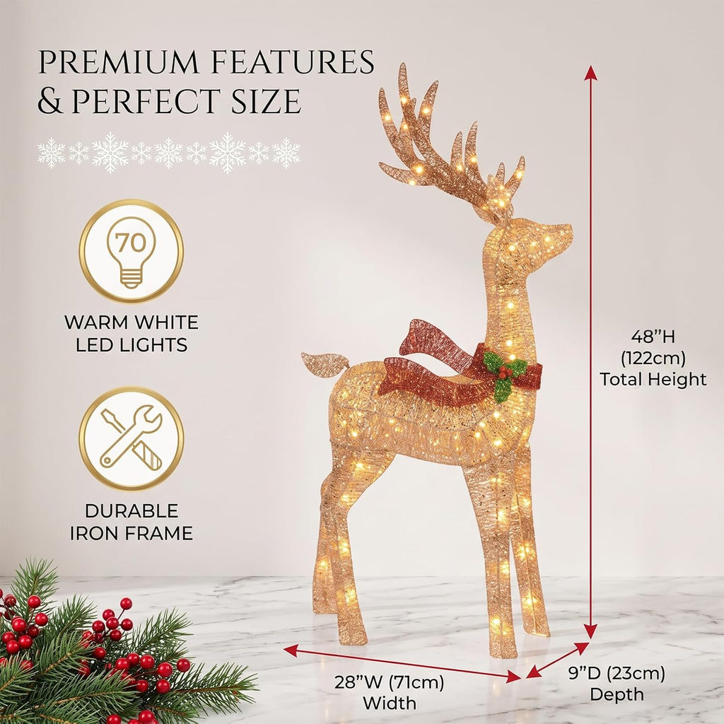 48-Inch Lighted Christmas Reindeer with 70 Warm White LED Lights, Pre-Lit Glitter Mesh Buck Deer with Gold Bells