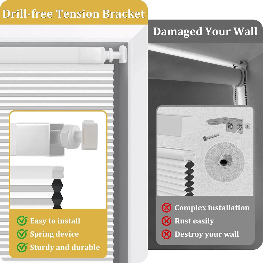 No Drill Top Down Bottom Up Cellular Shades, | White Cordless Blackout Honeycomb Blinds for Indoor Windows, Thermal